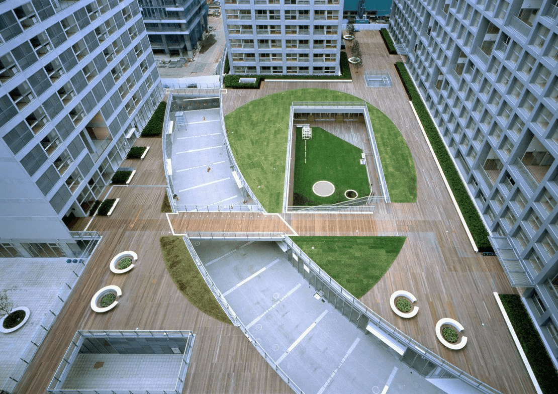 Vivienda colectiva Shinonome Canal Court.  Foto por: Tomio Ohashi